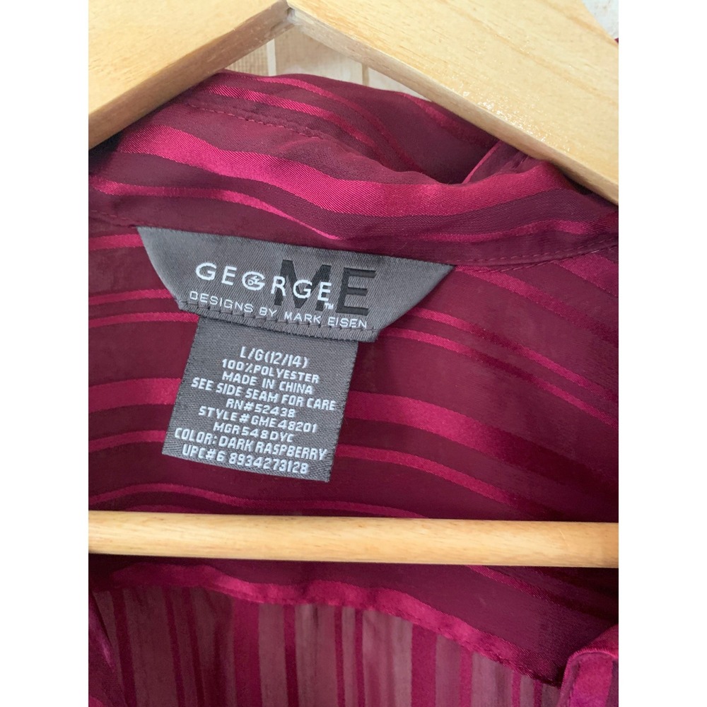 George ME Mark Eisen Dark Raspberry Striped Ruffle Sheer Blouse Size Large - Picture 3 of 14